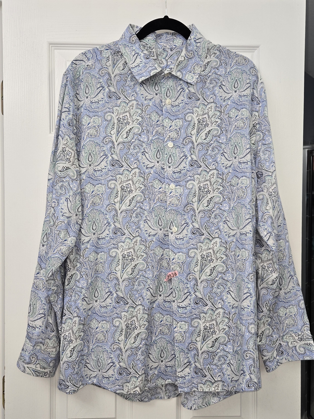Tasso Elba Men XL 100% Linen Paisley Long Sleeve Button Up Shirt Blue Green